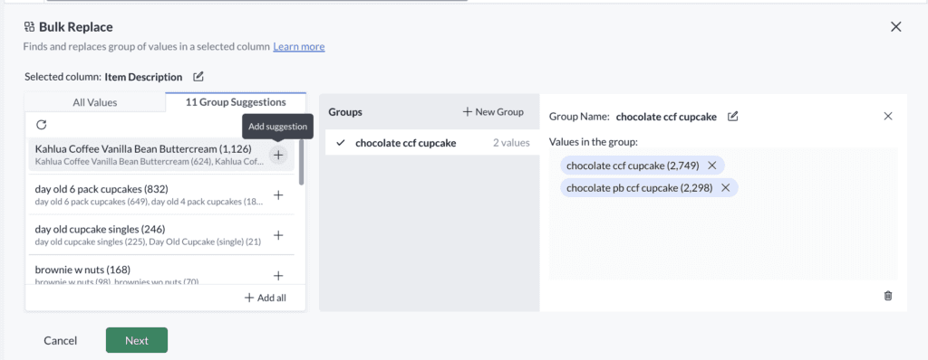 The Bulk Replace panel in Mammoth showing 11 group suggestions for the Item Description column, with variant spellings of chocolate ccf cupcake grouped under one name