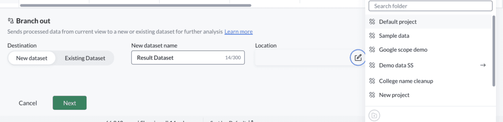 The Branch out panel in Mammoth, sending processed data to a new dataset called Result Dataset, with a folder picker listing destination projects