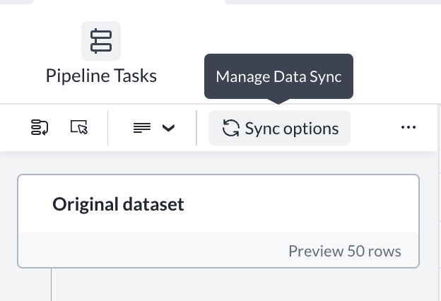The Mammoth pipeline toolbar with Sync options highlighted and a Manage Data Sync tooltip showing, above the Original dataset card
