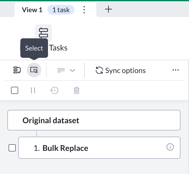 The Mammoth pipeline toolbar with the Select tool highlighted, revealing a row of bulk action icons and a checkbox beside the Bulk Replace task