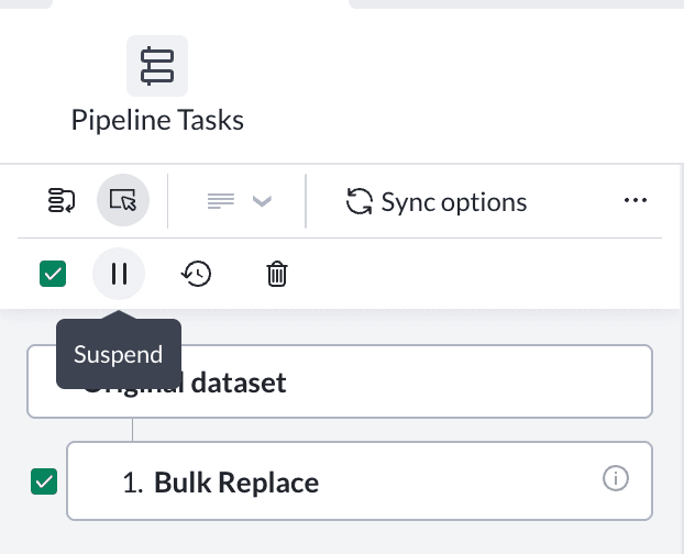 Bulk actions mode in the Mammoth pipeline with the Bulk Replace task selected and the Suspend action tooltip showing