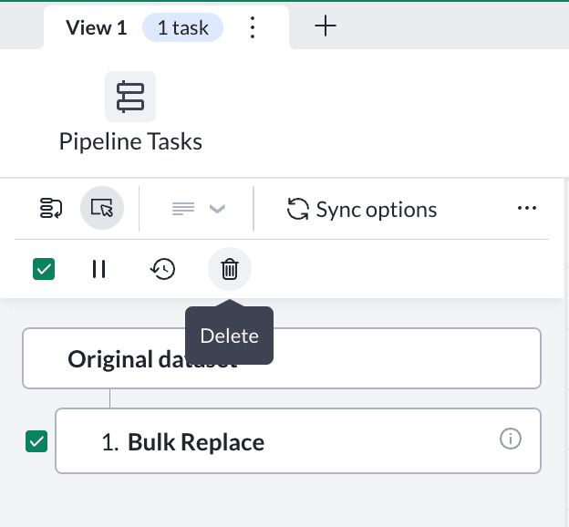 Bulk actions mode in the Mammoth pipeline with the Bulk Replace task selected and the Delete action tooltip showing