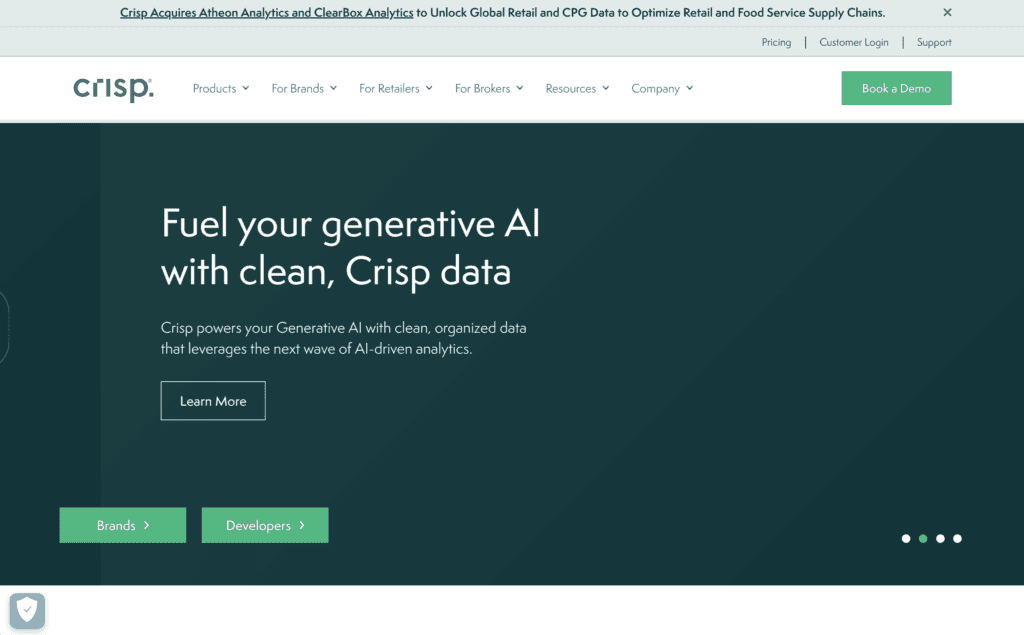 Crisp homepage, headlined Fuel your generative AI with clean, Crisp data