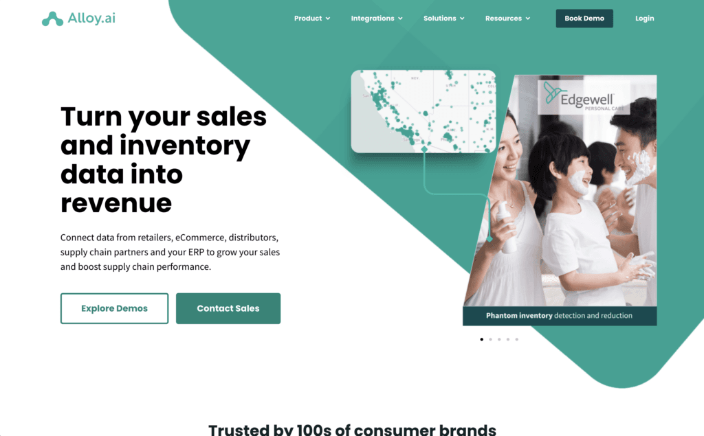 Alloy.ai homepage, headlined Turn your sales and inventory data into revenue, beside a phantom inventory detection panel