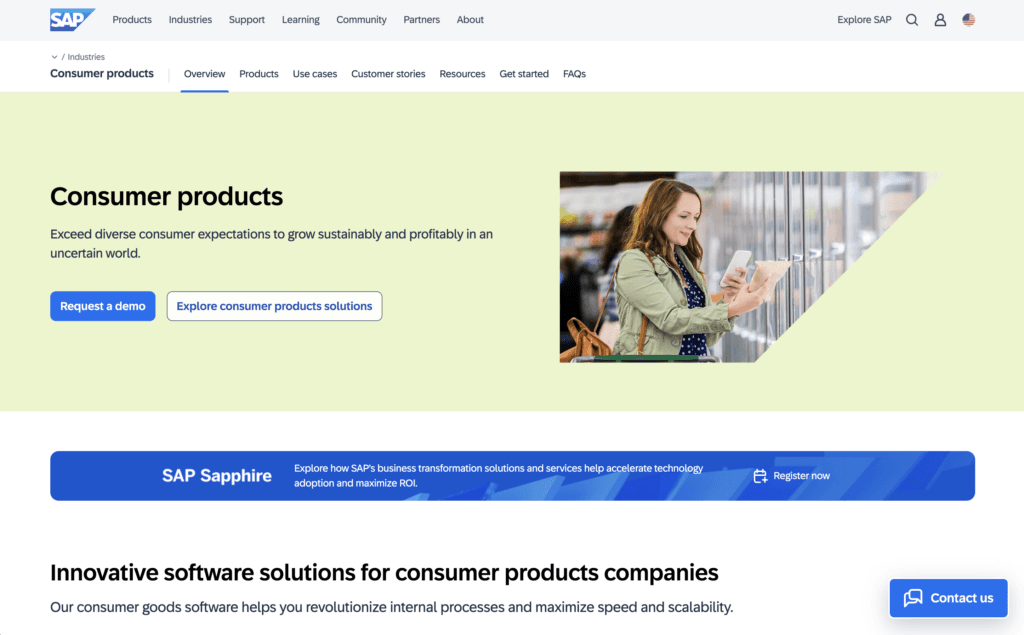 SAP Consumer products industry page, subtitled Exceed diverse consumer expectations to grow sustainably and profitably in an uncertain world