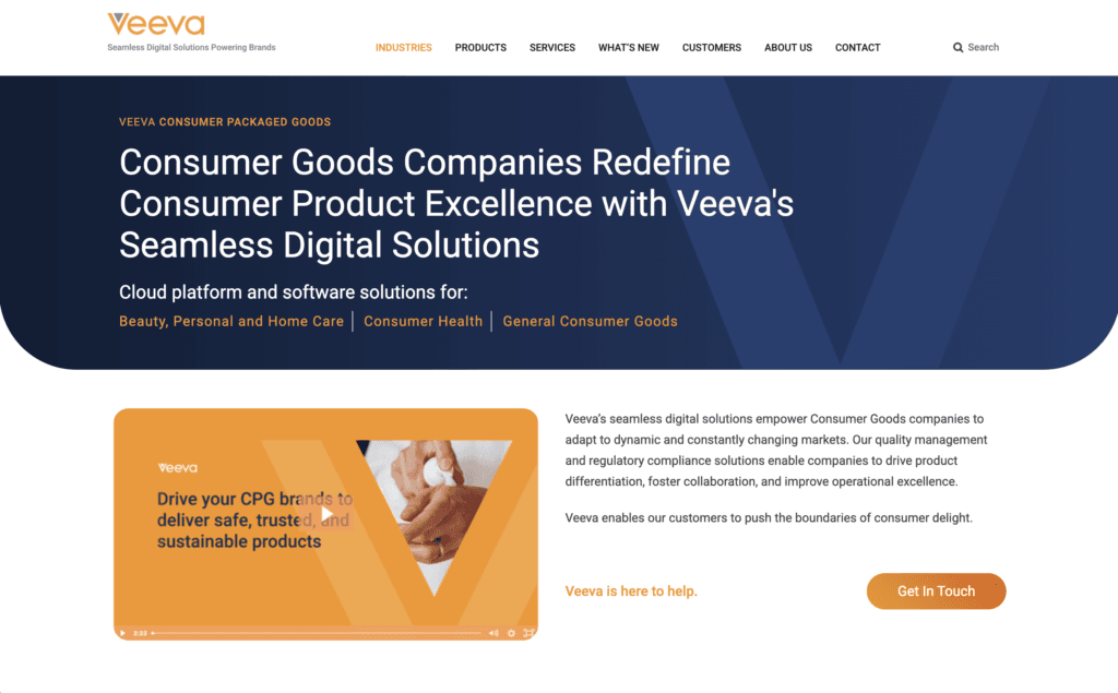 Veeva Consumer Packaged Goods page, headlined Consumer Goods Companies Redefine Consumer Product Excellence with Veeva s Seamless Digital Solutions