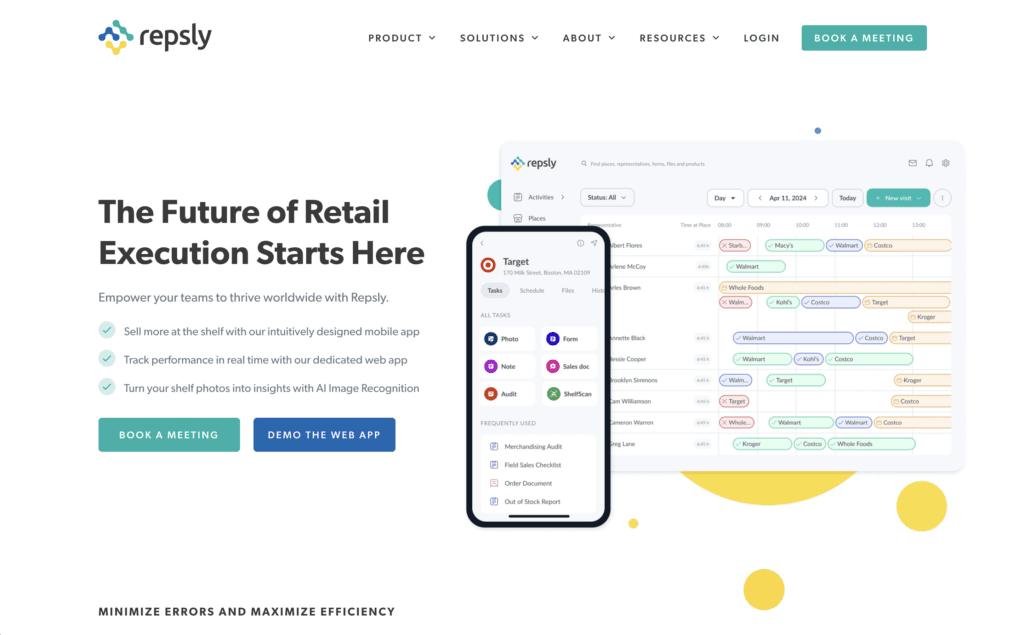 Repsly homepage, headlined The Future of Retail Execution Starts Here, beside its mobile store-visit app and a web scheduling board of retailer visits