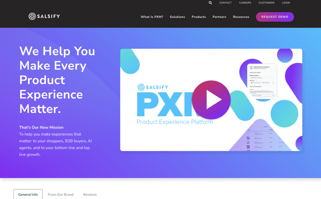 Salsify homepage, headlined We Help You Make Every Product Experience Matter, beside a video about its Product Experience Platform