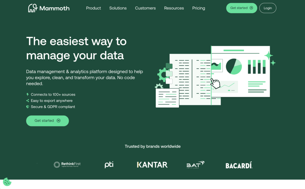 Mammoth homepage, headlined The easiest way to manage your data, with logos for RethinkFirst, PTI, Kantar, BAT and Bacardi
