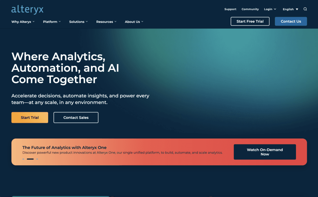 Alteryx homepage, headlined Where Analytics, Automation, and AI Come Together