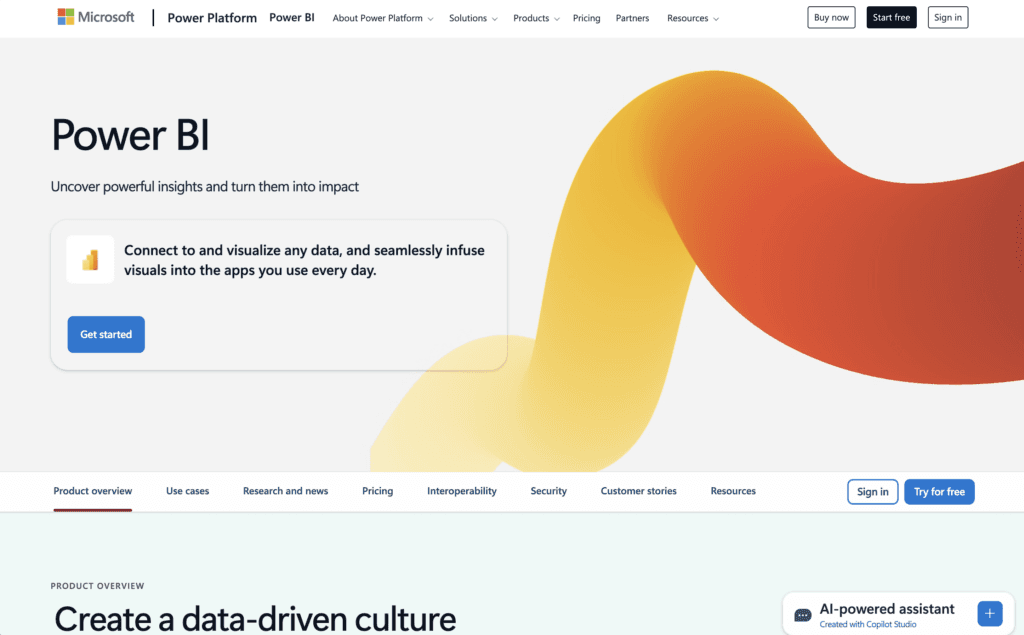 Microsoft Power BI product page, subtitled Uncover powerful insights and turn them into impact