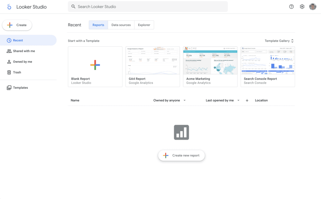 Google Looker Studio Recent Reports screen, showing starter templates for a blank report, a GA4 report, an Acme Marketing dashboard and a Search Console report