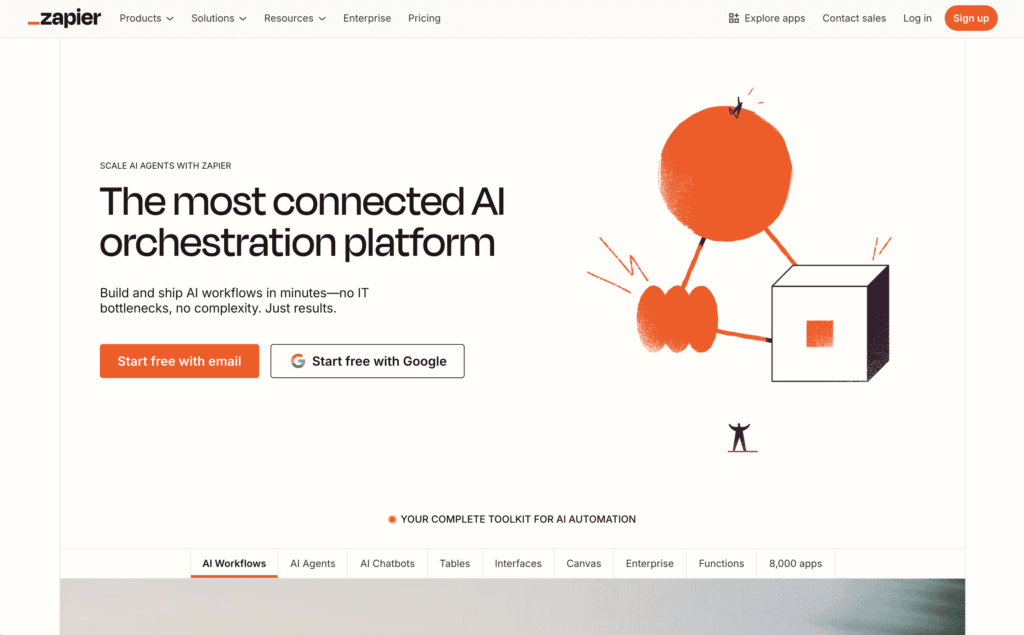 Zapier homepage, headlined The most connected AI orchestration platform