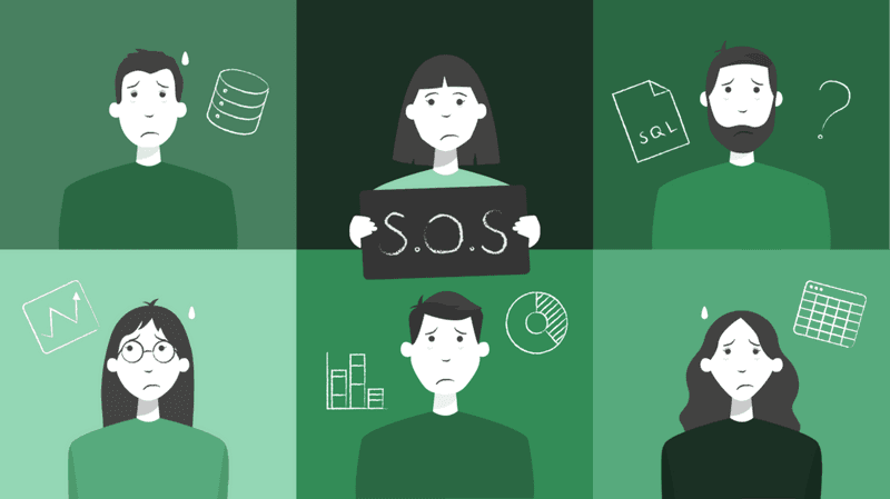Six illustrated people looking anxious beside data icons for a database, a SQL file, a chart and a spreadsheet, one of them holding up an S.O.S. sign