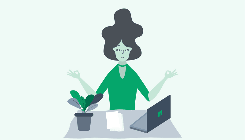 An illustrated person sitting calmly at a desk with a plant, papers and a laptop, hands raised in a meditation pose