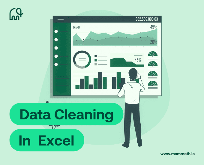 A Mammoth cover graphic reading Data Cleaning In Excel, with an illustrated person standing in front of a large dashboard of charts
