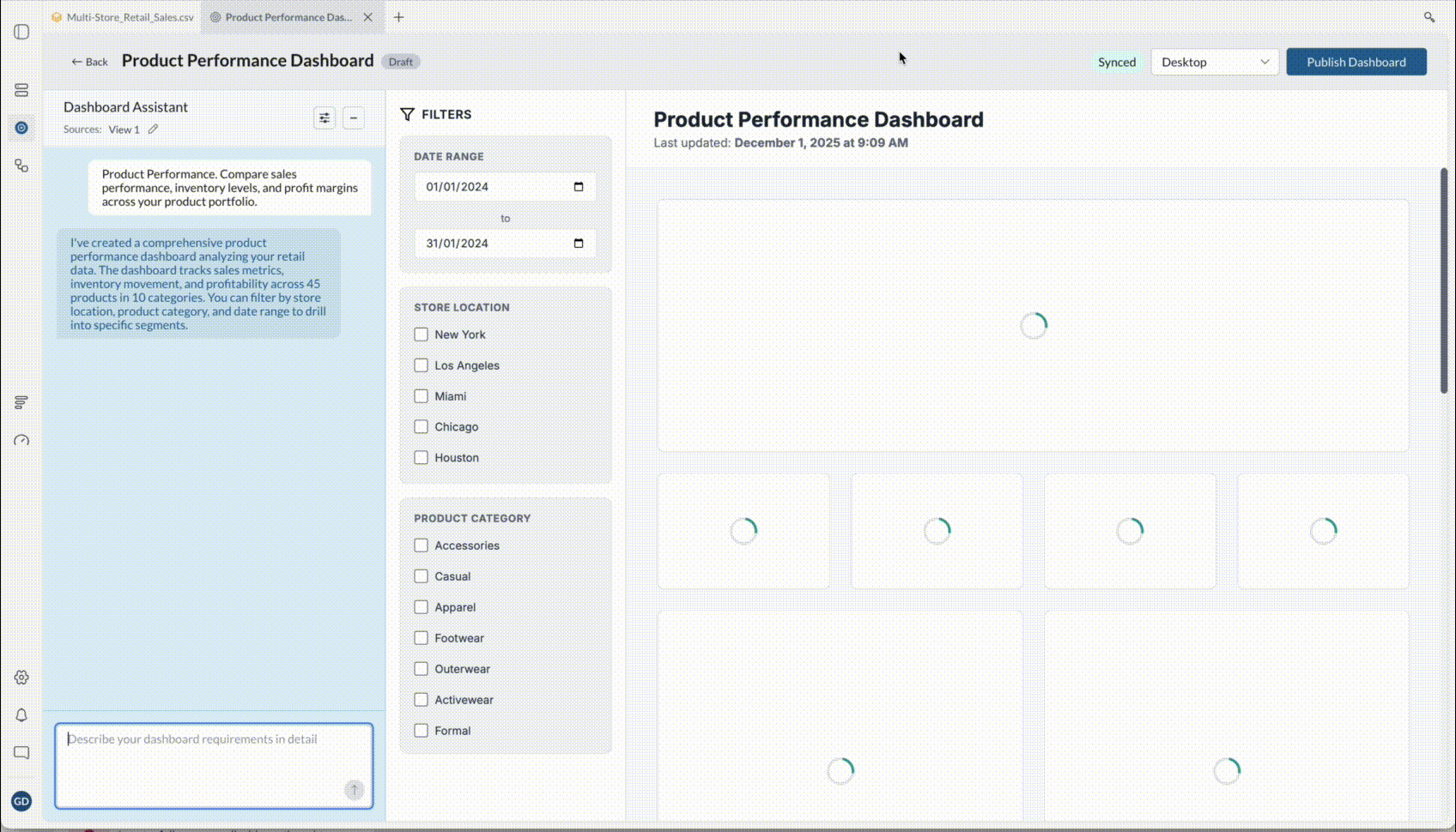 A Product Performance Dashboard being generated in Mammoth from a plain-English brief, with the Dashboard Assistant panel on the left, date range, store location and product category filters, and chart tiles still loading