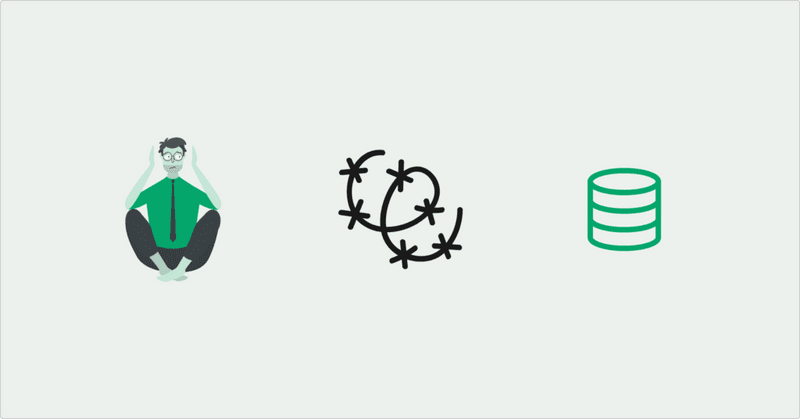 An illustrated person sitting cross-legged with their head in their hands, beside a tangled scribble and a database icon