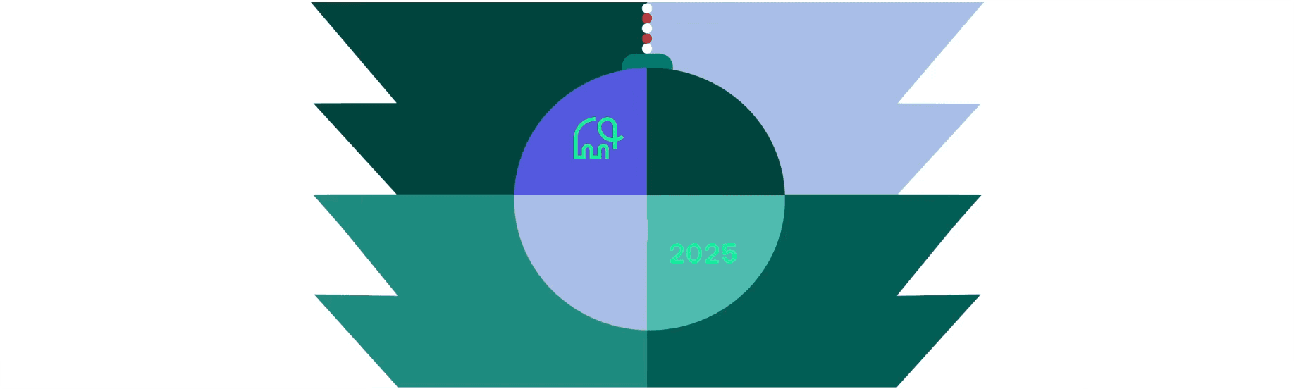 A Mammoth 2025 graphic styled as a bauble hanging between dark green banners
