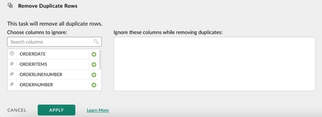 Data Cleaning in Excel: Mammoth's Remove Duplicate Rows task, listing ORDERDATE, ORDERITEMS, ORDERLINENUMBER and ORDERNUMBER as columns that can be ignored when matching