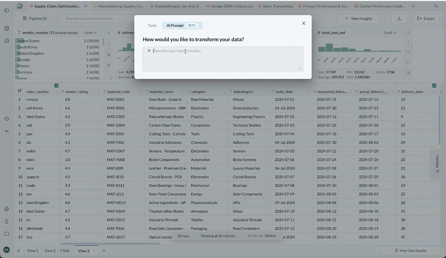 A supply chain dataset in Mammoth with the AI Prompt dialog open, asking how would you like to transform your data