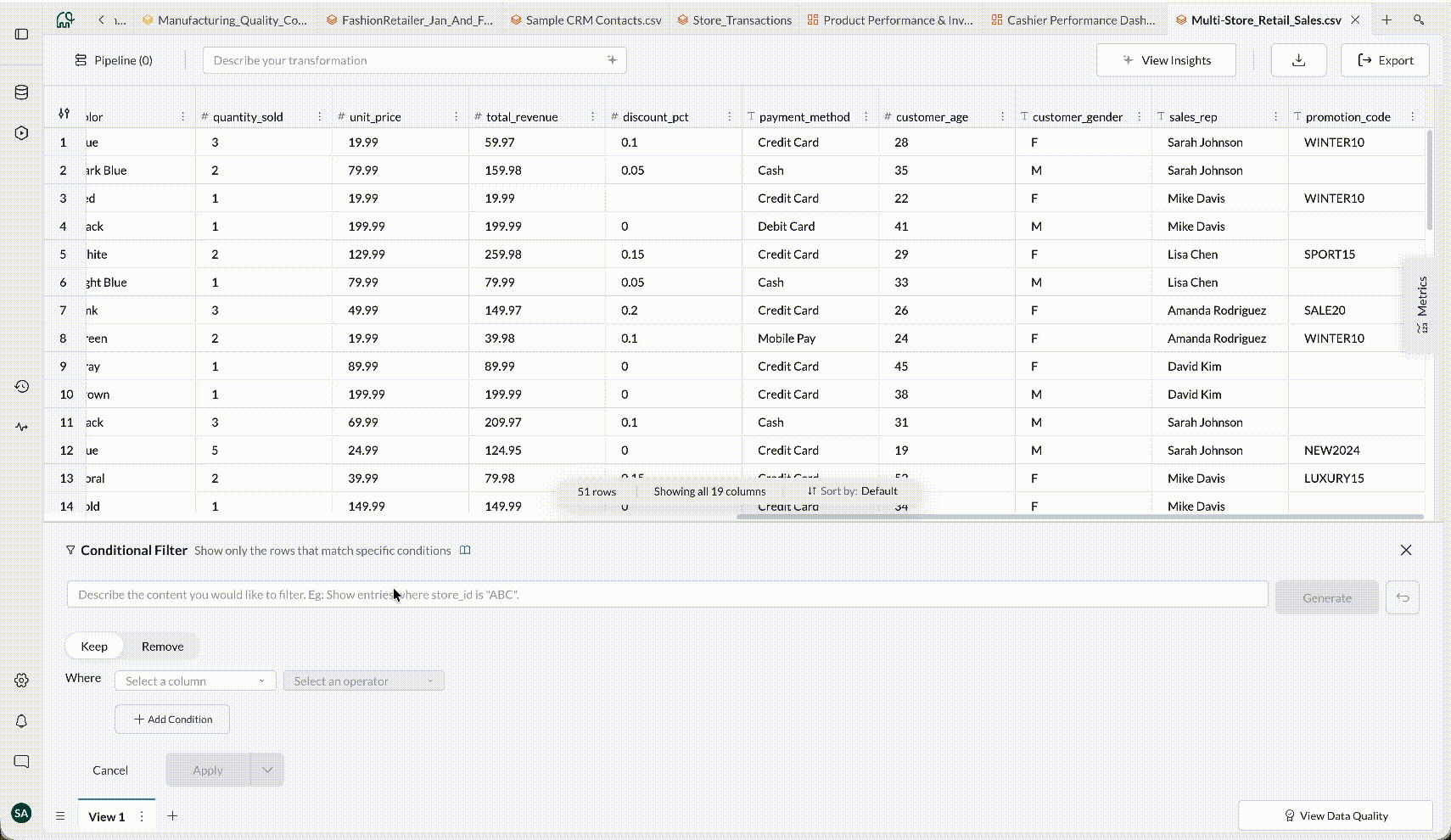 A retail sales dataset in Mammoth with the Conditional Filter panel open, offering either a plain-English description of what to filter or manual keep and remove conditions