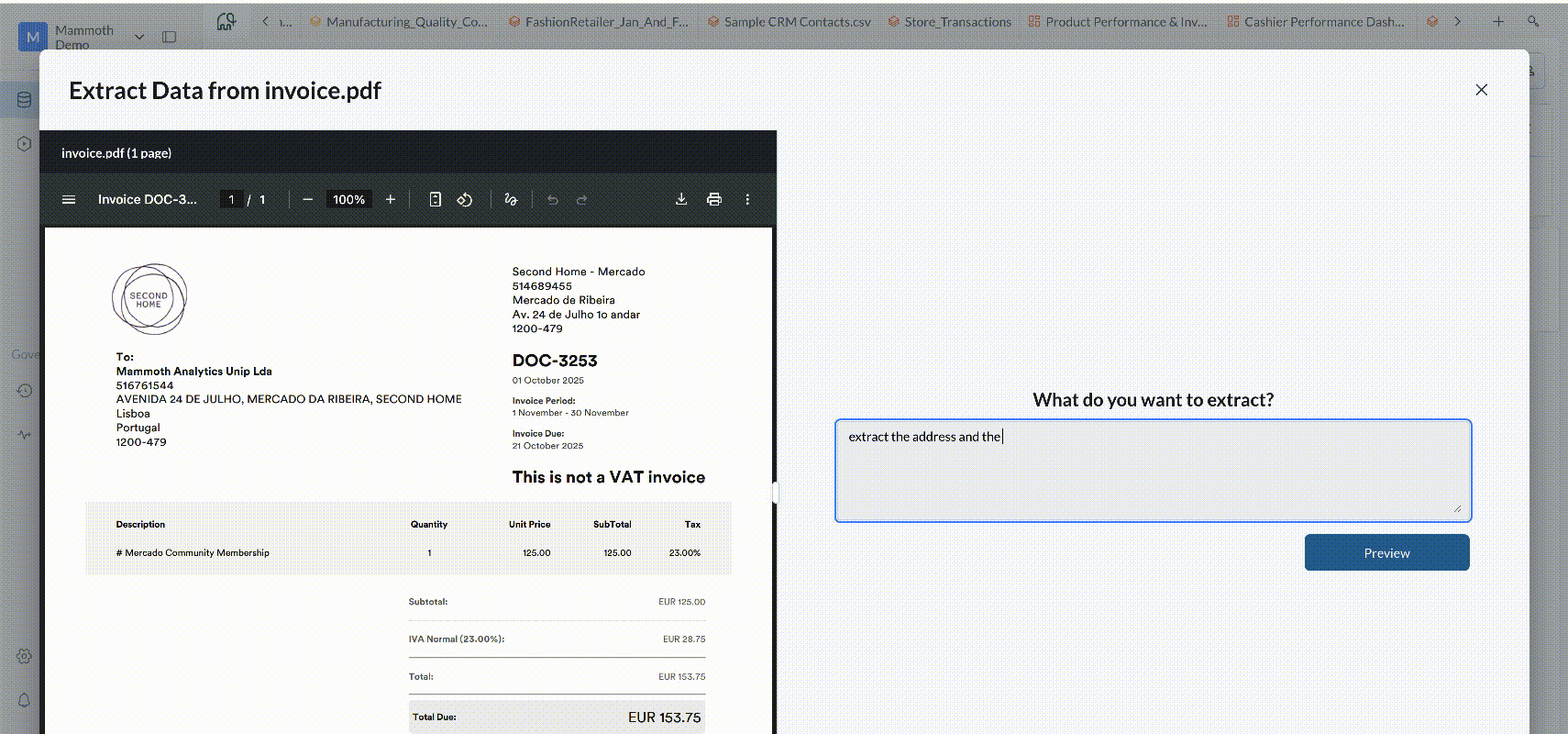 Mammoth's Extract Data from invoice.pdf modal: a PDF invoice previewed on the left, and on the right a prompt reading What do you want to extract? with a request being typed into it above a Preview button