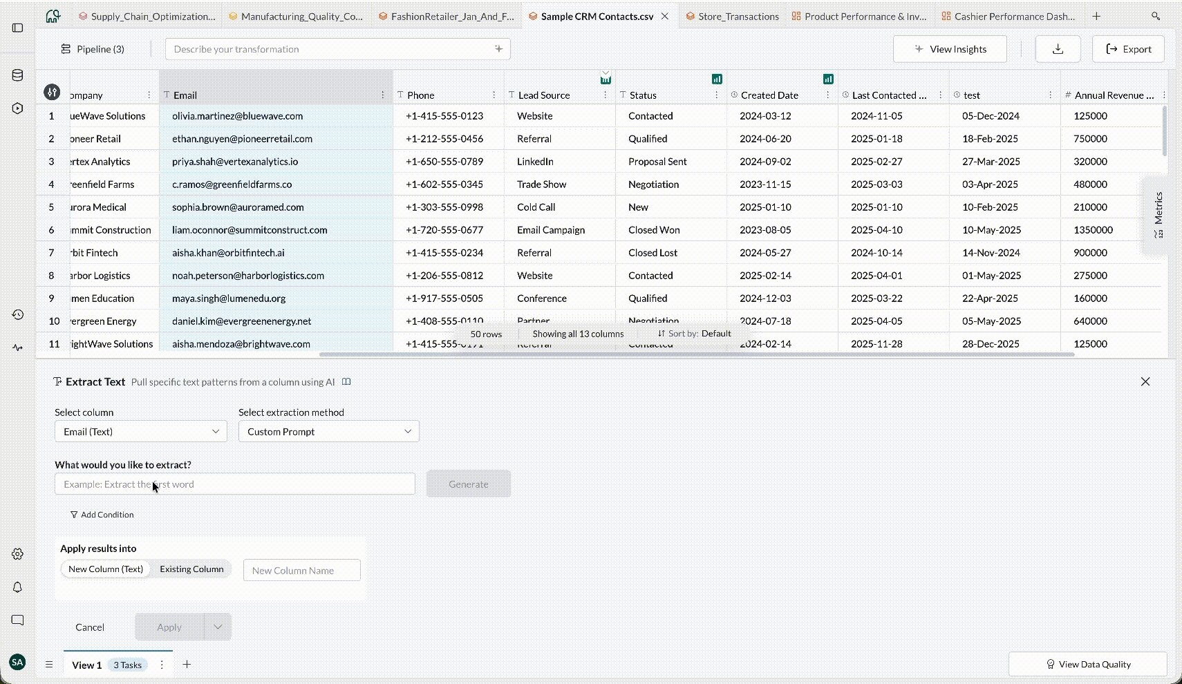 A CRM contacts dataset in Mammoth with the Extract Text panel open, set to pull specific patterns out of the Email column using a custom prompt