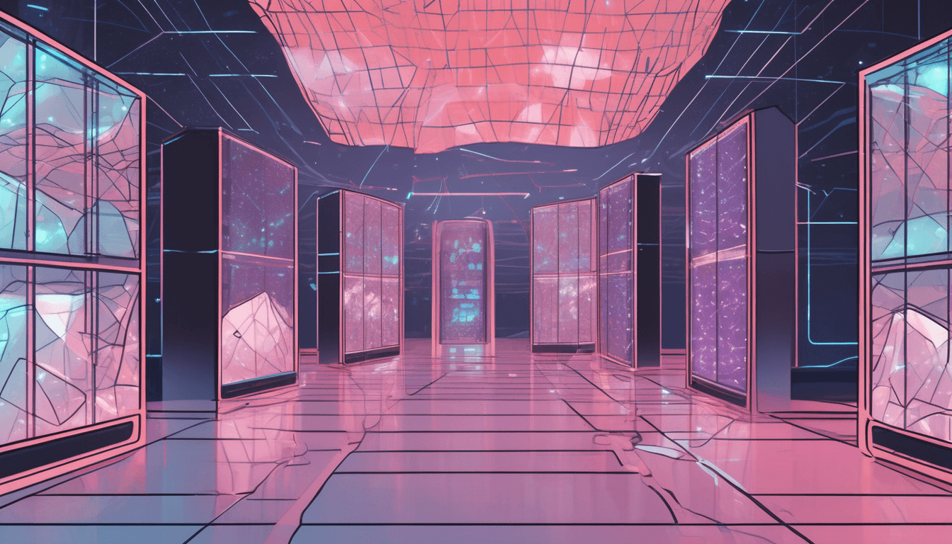 An illustrated data centre of glowing pink and violet panels