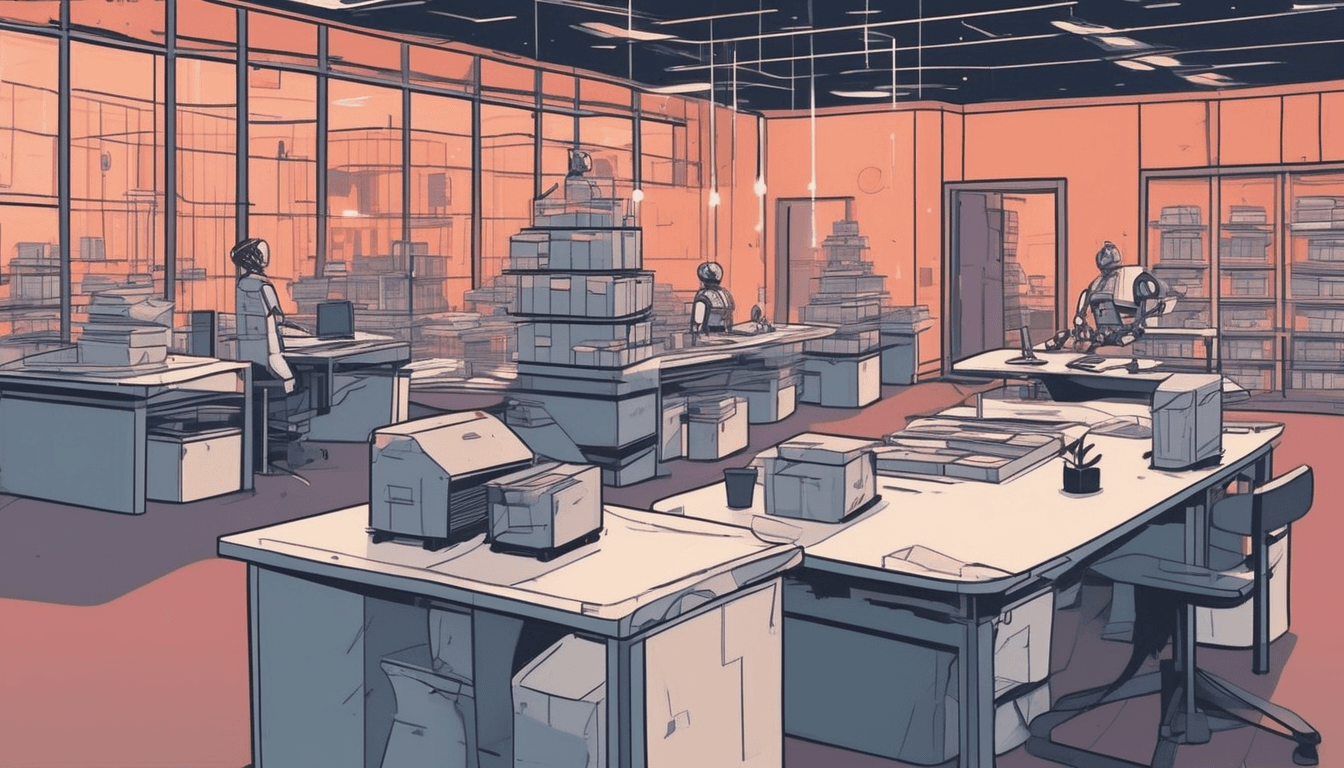 An illustrated office buried in stacks of paper, with figures working at cluttered desks