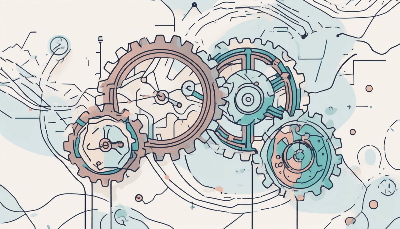 An illustration of four interlocking gears connected by circuit-like lines