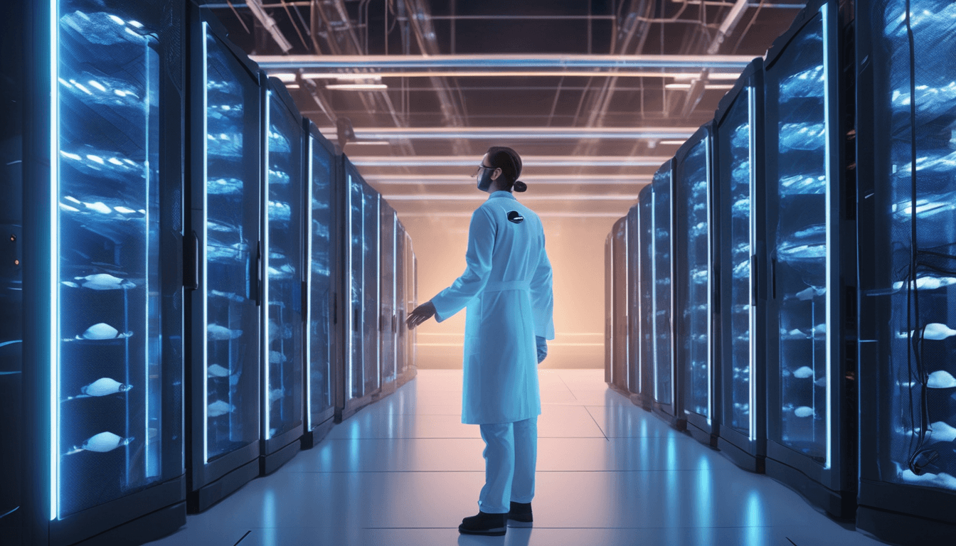 A researcher in a lab coat standing between rows of glowing blue server cabinets