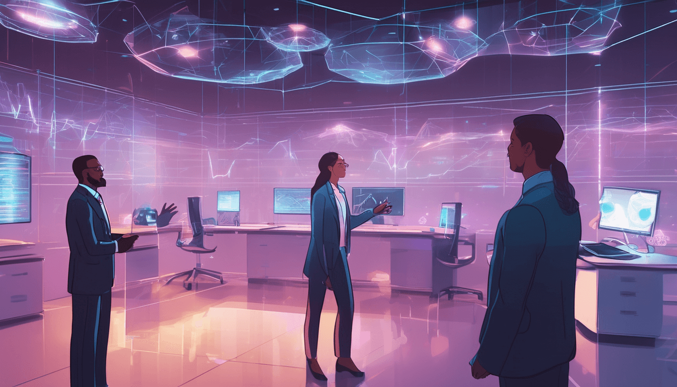 Three illustrated people in business dress talking in an office with holographic charts overhead