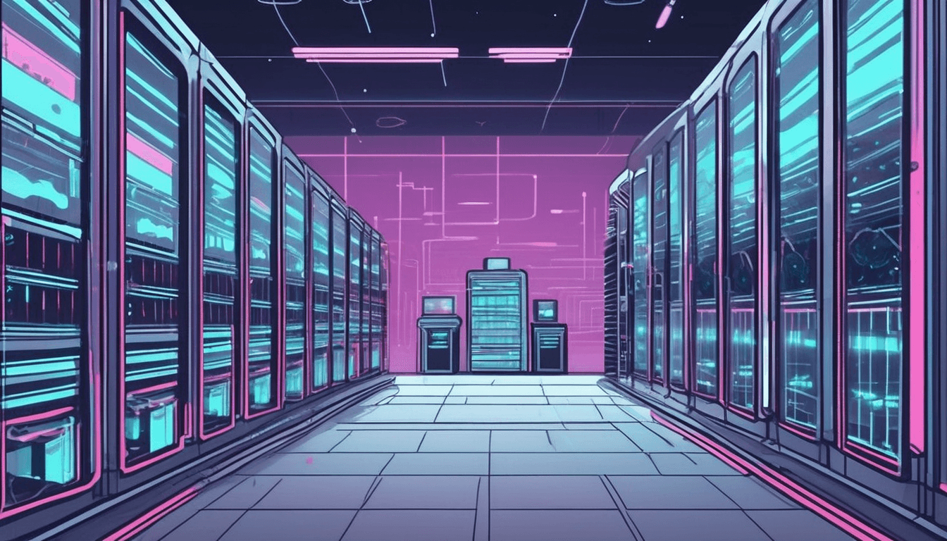 An illustrated data centre corridor of server racks lit in pink and teal