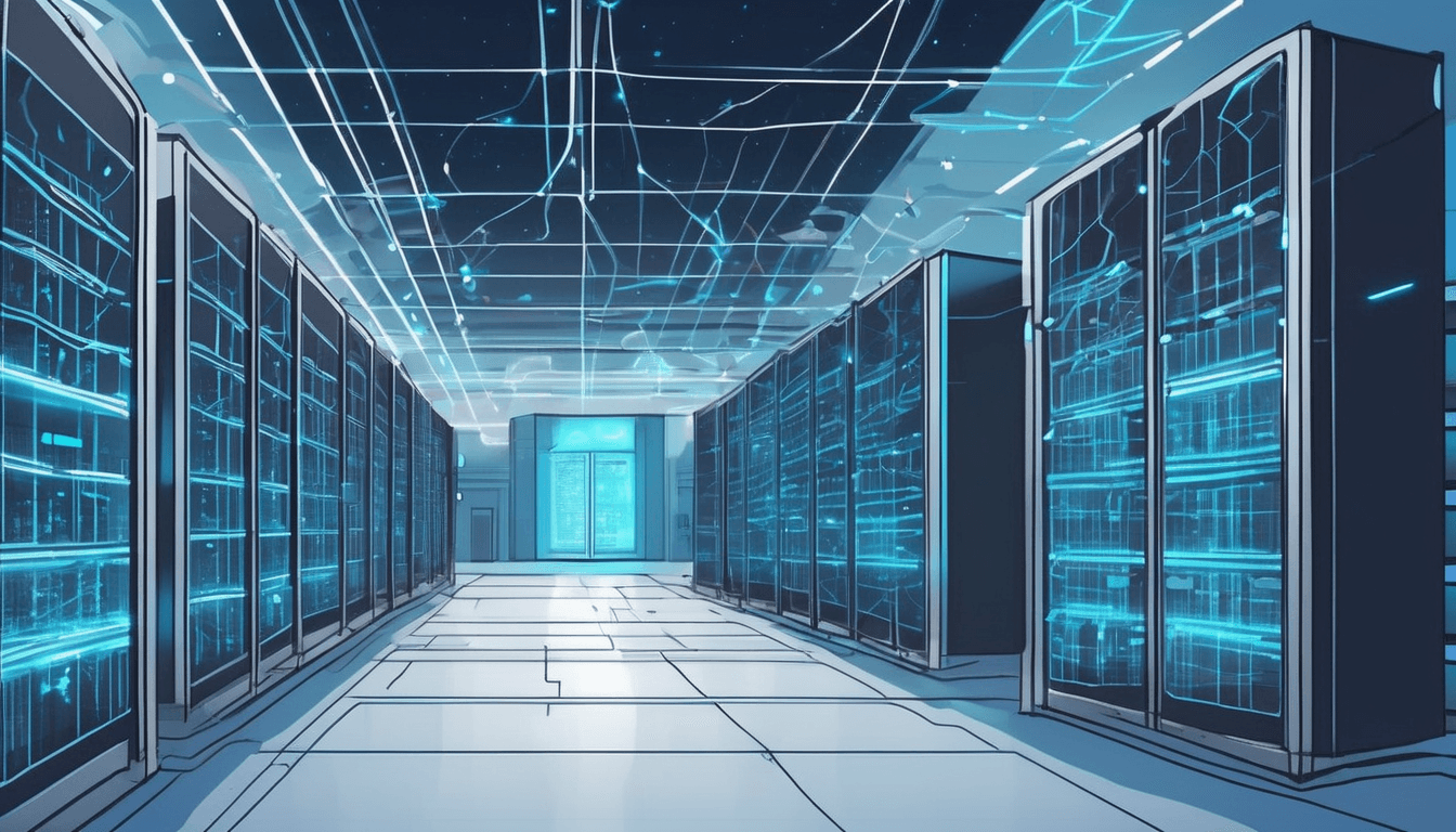 An illustrated corridor of glowing blue server racks under a network of light trails