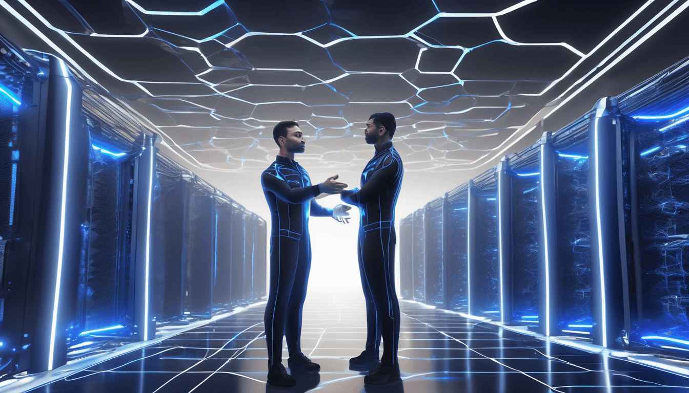 Two people shaking hands in a corridor of glowing server racks