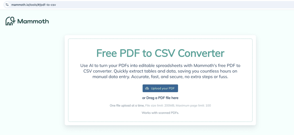 Mammoth s free PDF to CSV converter page, with an Upload your PDF button and a note that it works with scanned PDFs up to 200MB and 100 pages