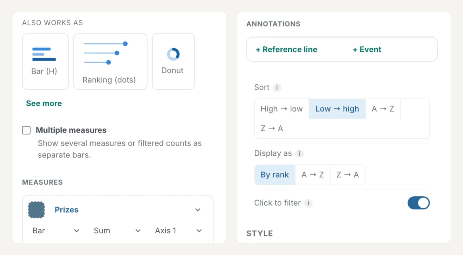 Two parts of a chart editor side by side. Left: Also works as, offering horizontal bar, ranking dots and donut, a Multiple measures option, and a measure row with mark Bar, aggregation Sum and Axis 1. Right: Annotations with Reference line and Event, Sort options, Display as options, and a Click to filter toggle.