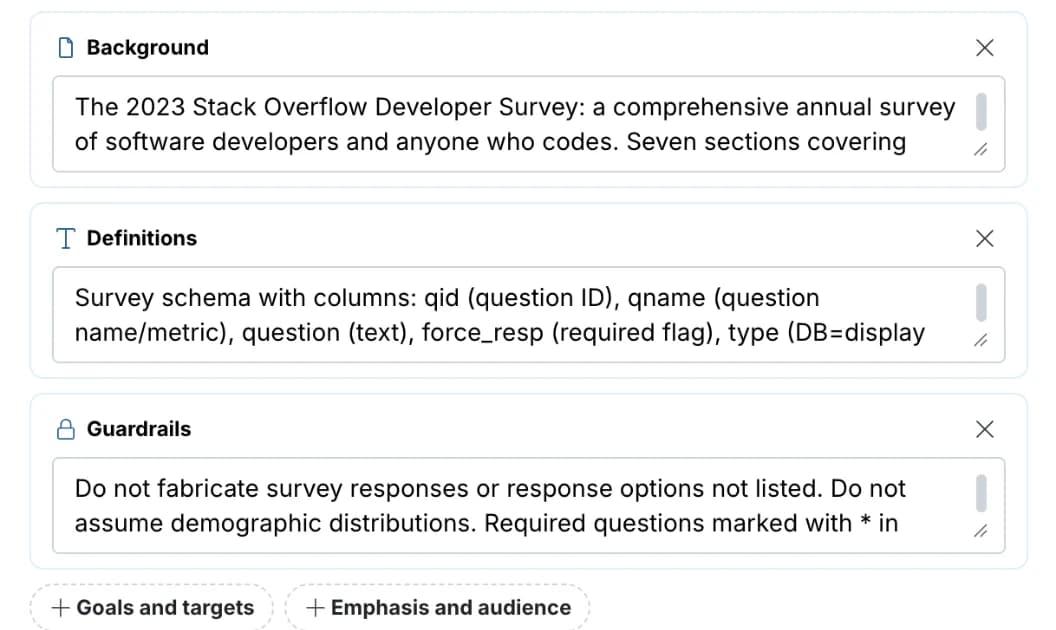 Three filled sections of a context named Stack Overflow Survey: Background, Definitions and Guardrails, with buttons to add Goals and targets or Emphasis and audience.