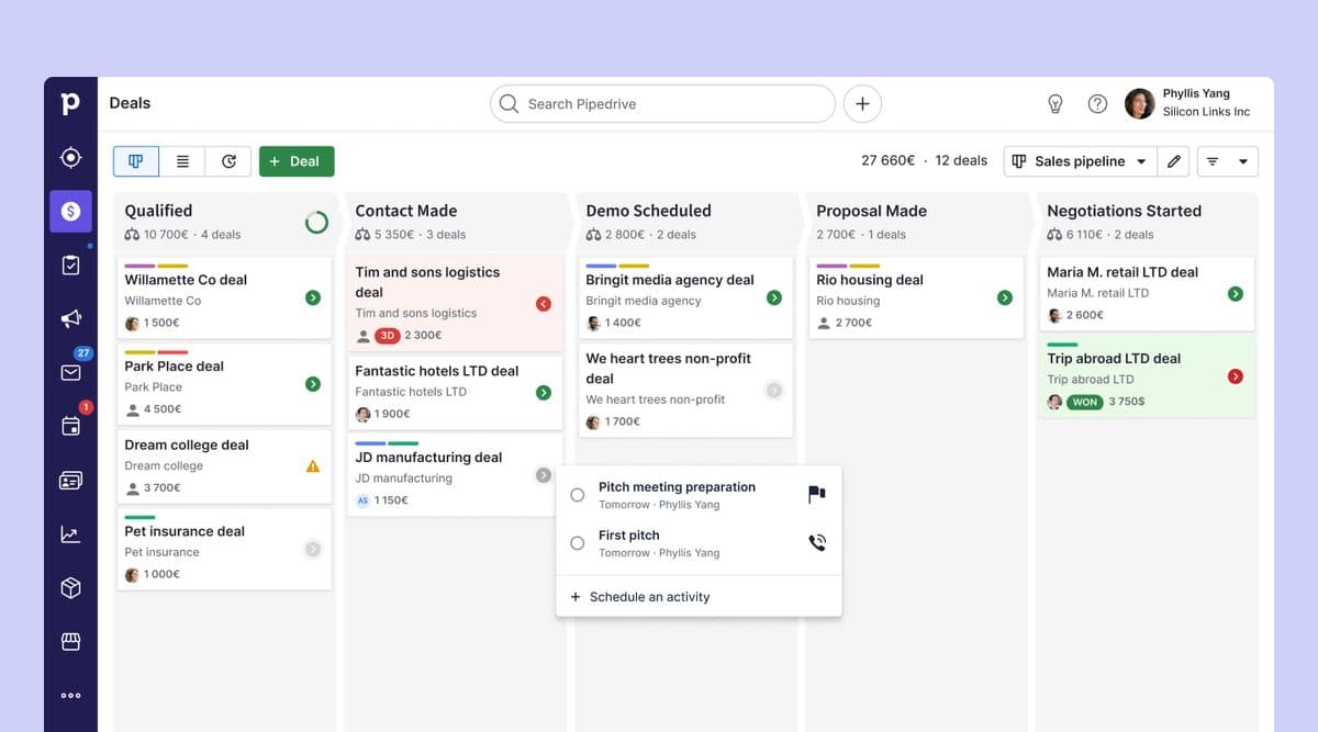 Pipedrive's deals pipeline view, with deals in columns from Qualified through Negotiations Started.