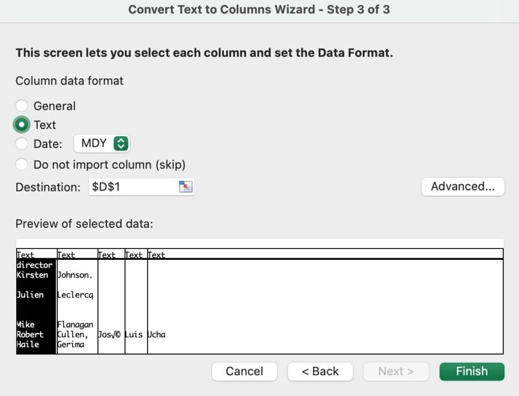 Data Cleaning in Excel: Excel's Convert Text to Columns wizard at step 3 of 3, setting the column data format to Text with a destination of $D$1