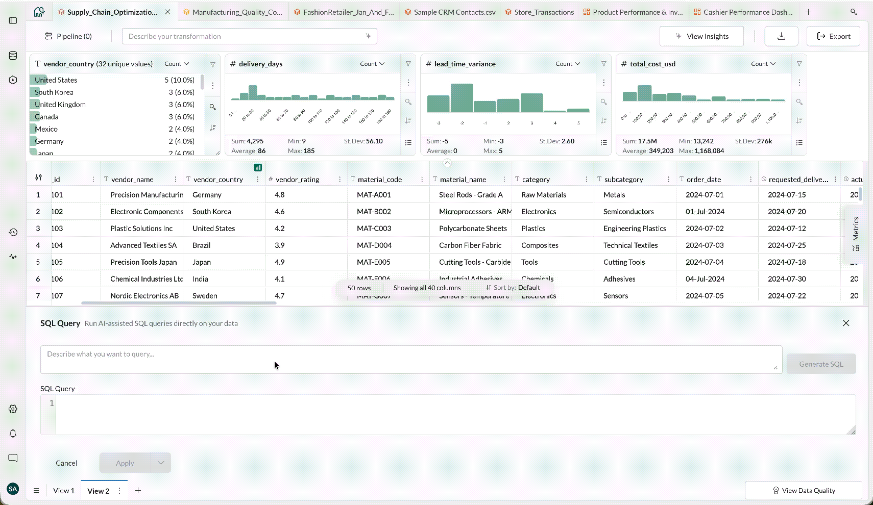 A supply chain dataset in Mammoth with the SQL Query panel open, offering to run AI-assisted SQL queries directly on the data from a plain description of what to query