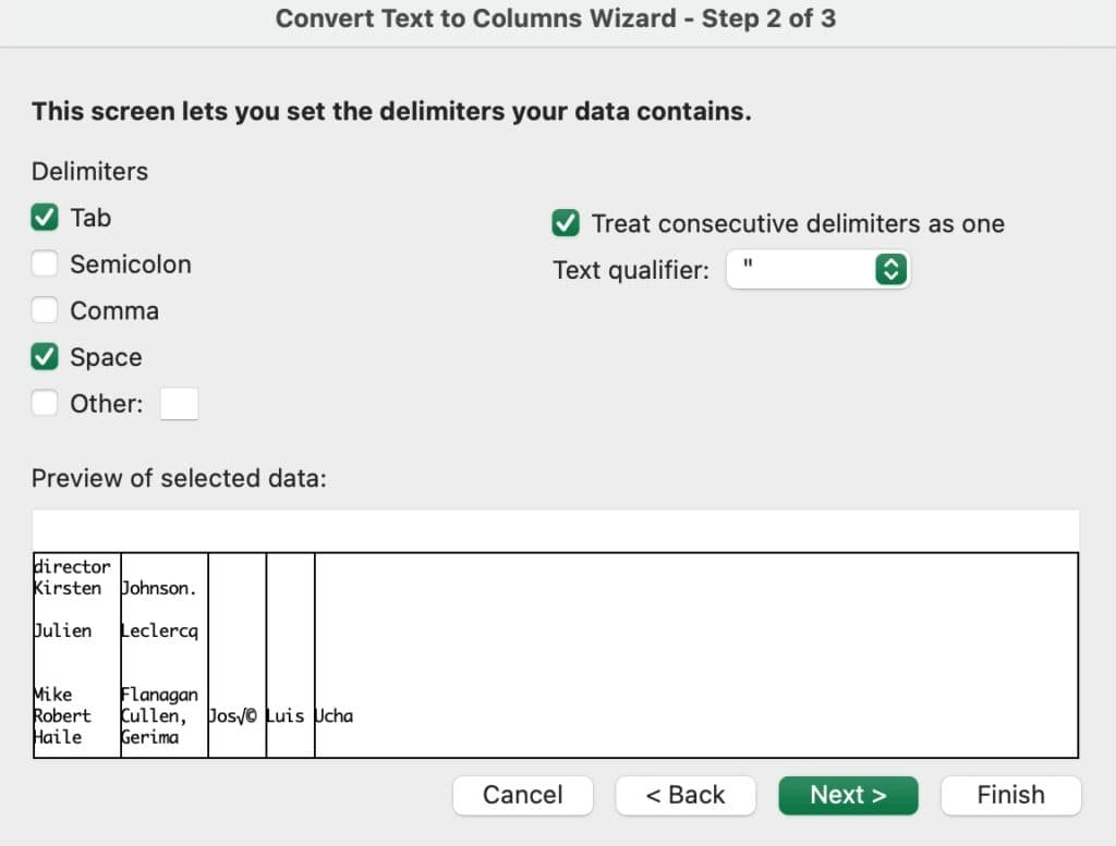 Data Cleaning in Excel: Excel's Convert Text to Columns wizard at step 2 of 3, with Tab and Space ticked as delimiters and a preview of the names being split