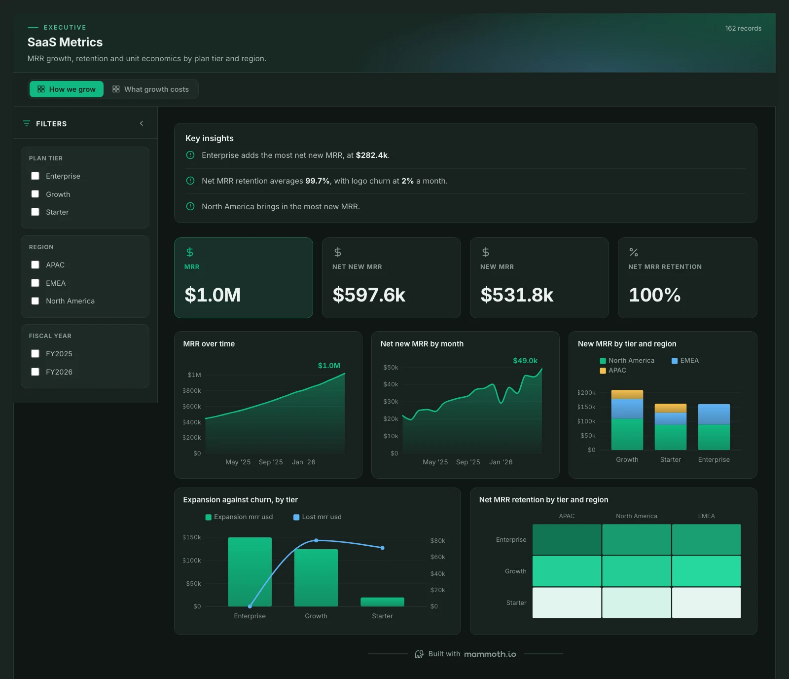 The SaaS Metrics template, running on sample data