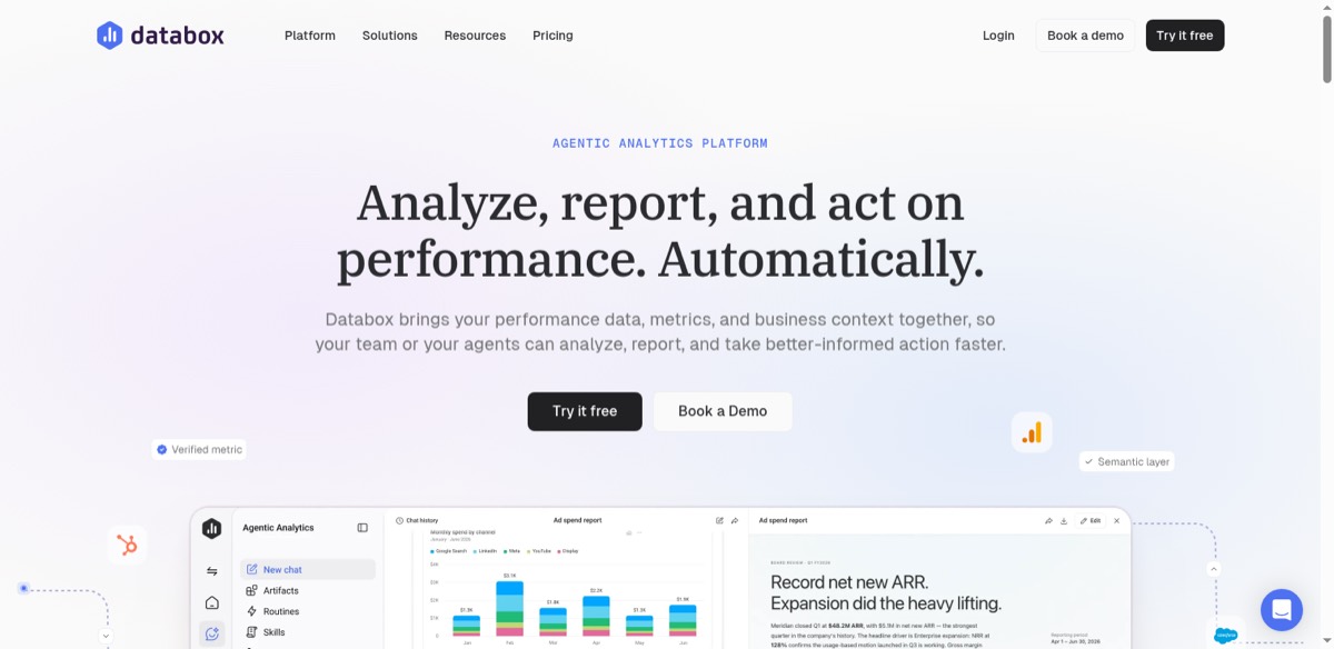 Databox's homepage showing its agentic analytics platform with an ad spend report and chat interface.