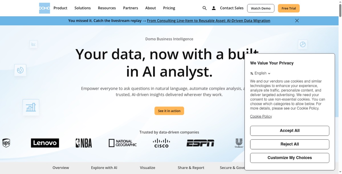 Domo's business intelligence platform page showing dashboards and data apps.