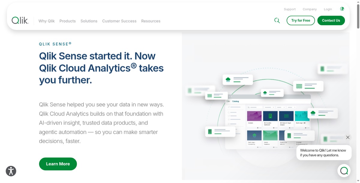 Qlik Sense product page showing its associative analytics engine and dashboards.