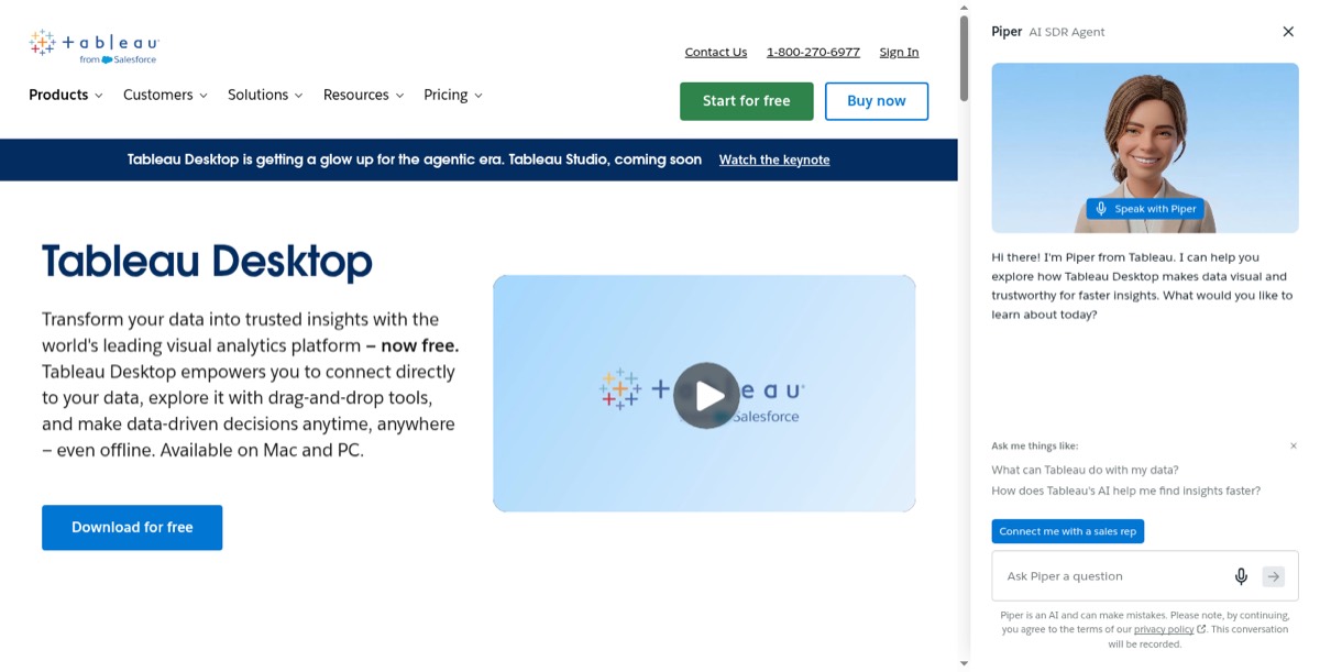 Tableau Desktop's product page showing its visual analysis interface.