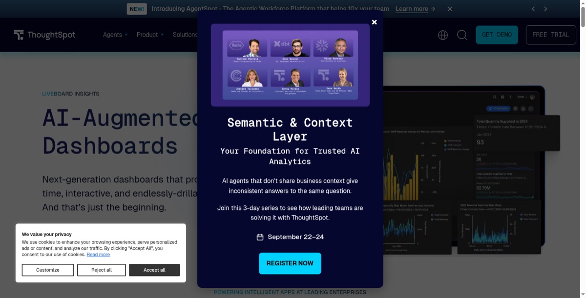 ThoughtSpot's visualize product page showing Liveboards and search-driven analytics.