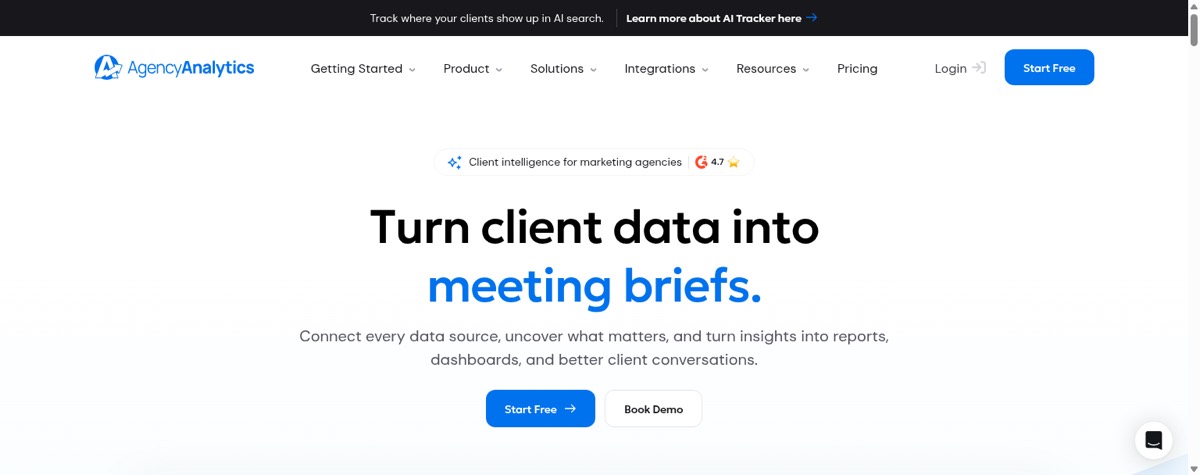 AgencyAnalytics homepage showing client reporting for marketing agencies.
